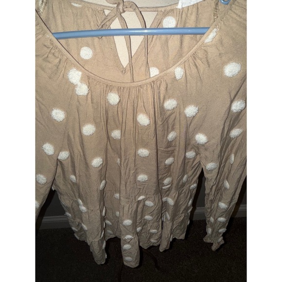 Blu Pepper Tan Polka Dot Long Sleeve Tiered Ruffle Peasant Blouse Top M - Picture 4 of 8